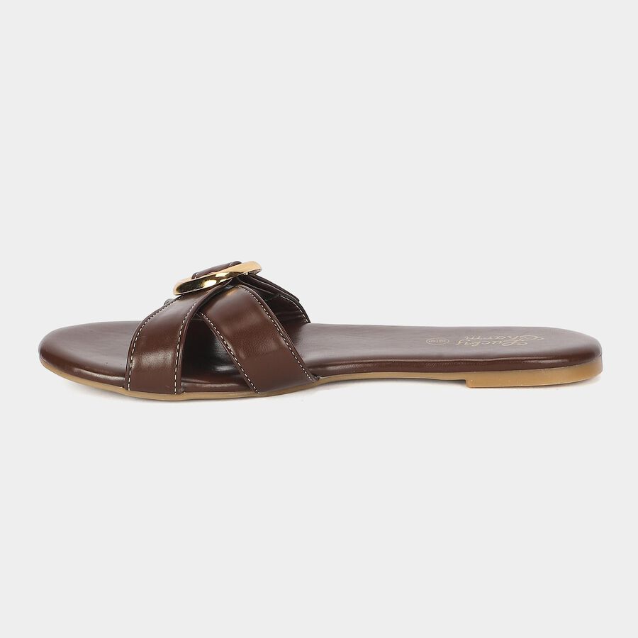 Women's Brown Buckle Strap Slide Sandals, भूरा, large
