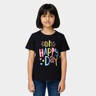 Girls' Navy Blue Cotton Round Neck Printed T-Shirt, Navy Blue, small