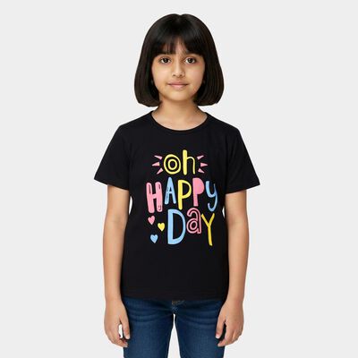 Girls' Navy Blue Cotton Round Neck Printed T-Shirt