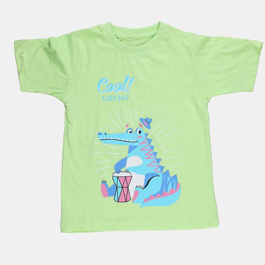 Boys' Mint Green Cotton Round Neck Graphic Printed T-Shirt, Light Green, large