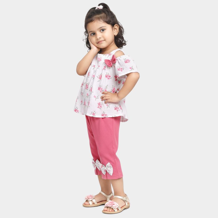 Girls' Pink Round Neck Cold Shoulder Floral Top and Capri Set, Light Pink, large