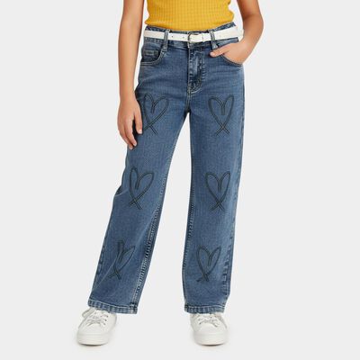 Girls Mid Blue Straight Fit Embroidered Jeans
