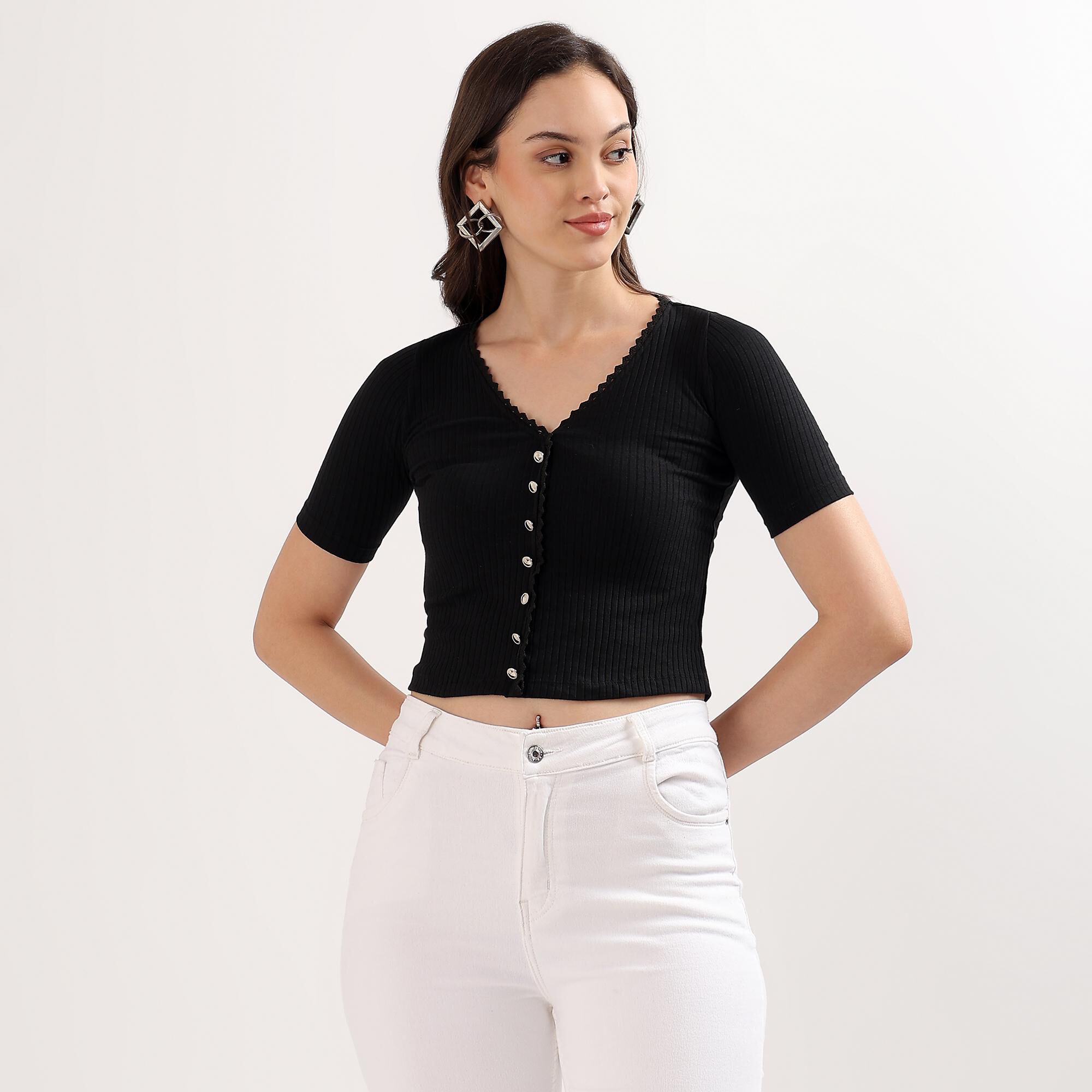 Lucky Charm Women's Jet Black V-Neck Casual Crop Top | Vishal Mega