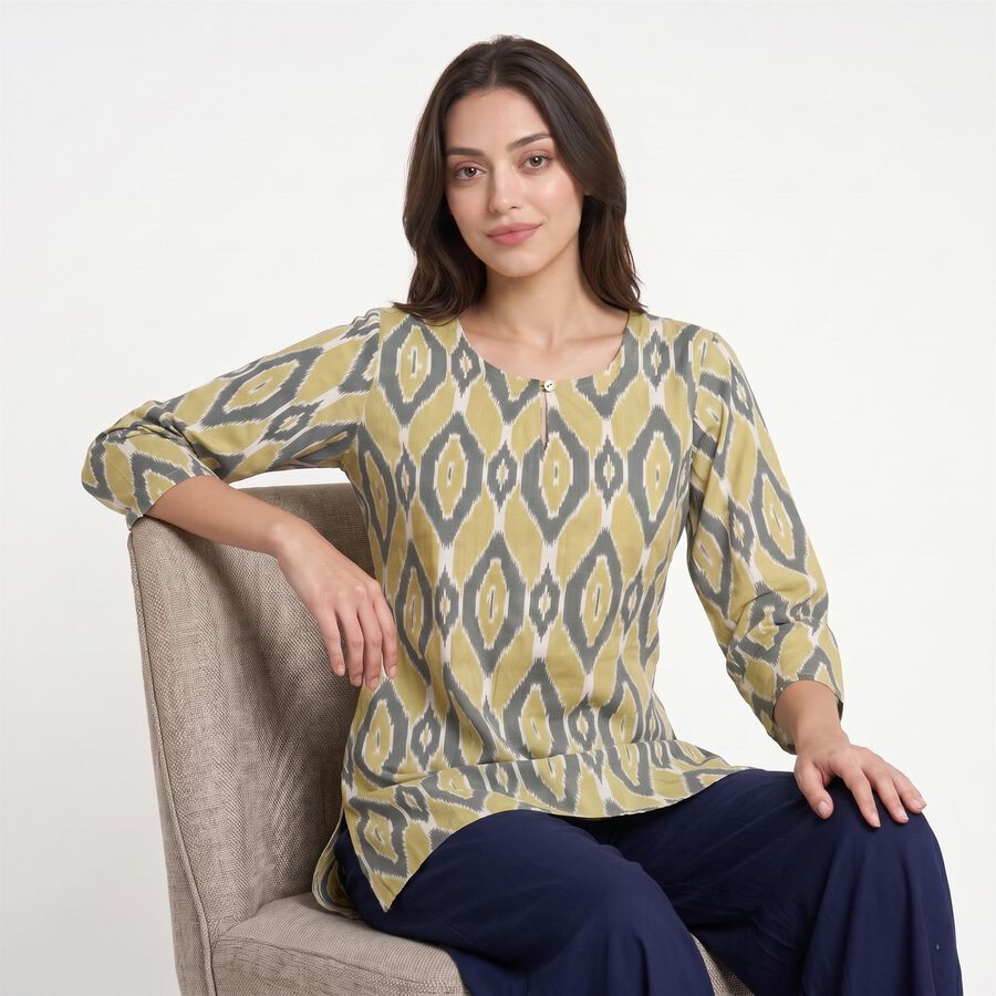 Women's Olive Green Round Neck Ikat Printed Kurti, हल्का हरा, large