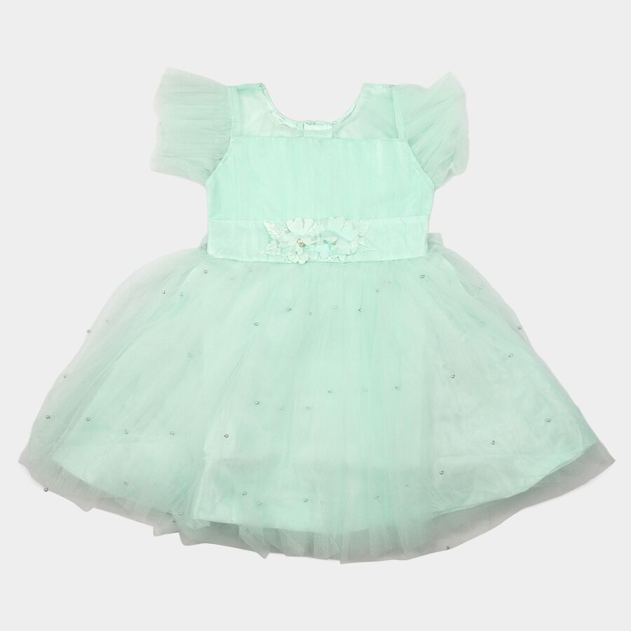 Girls' Mint Green Fit and Flare Floral Applique Party Wear Frock, हल्का हरा, large