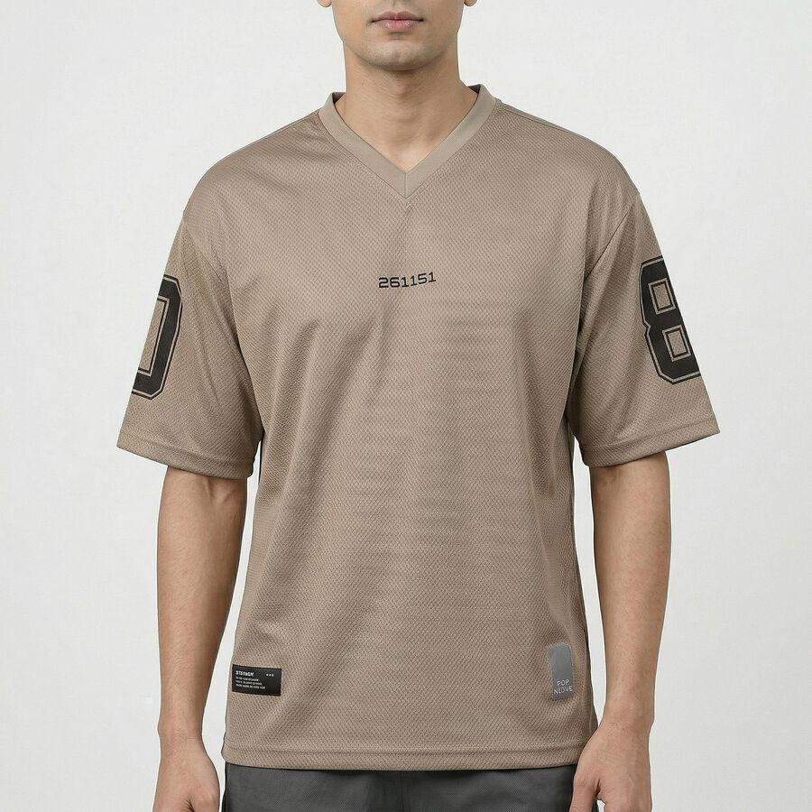 Men's Beige Crew Neck Athleisure T-Shirt, Beige, large