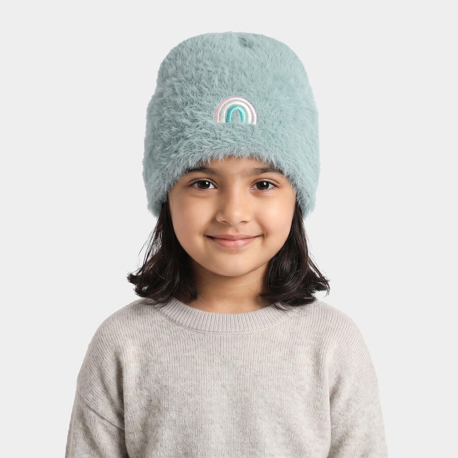 Girls' Mint Green Embroidered Rainbow Beanie Cap, हल्का हरा, large