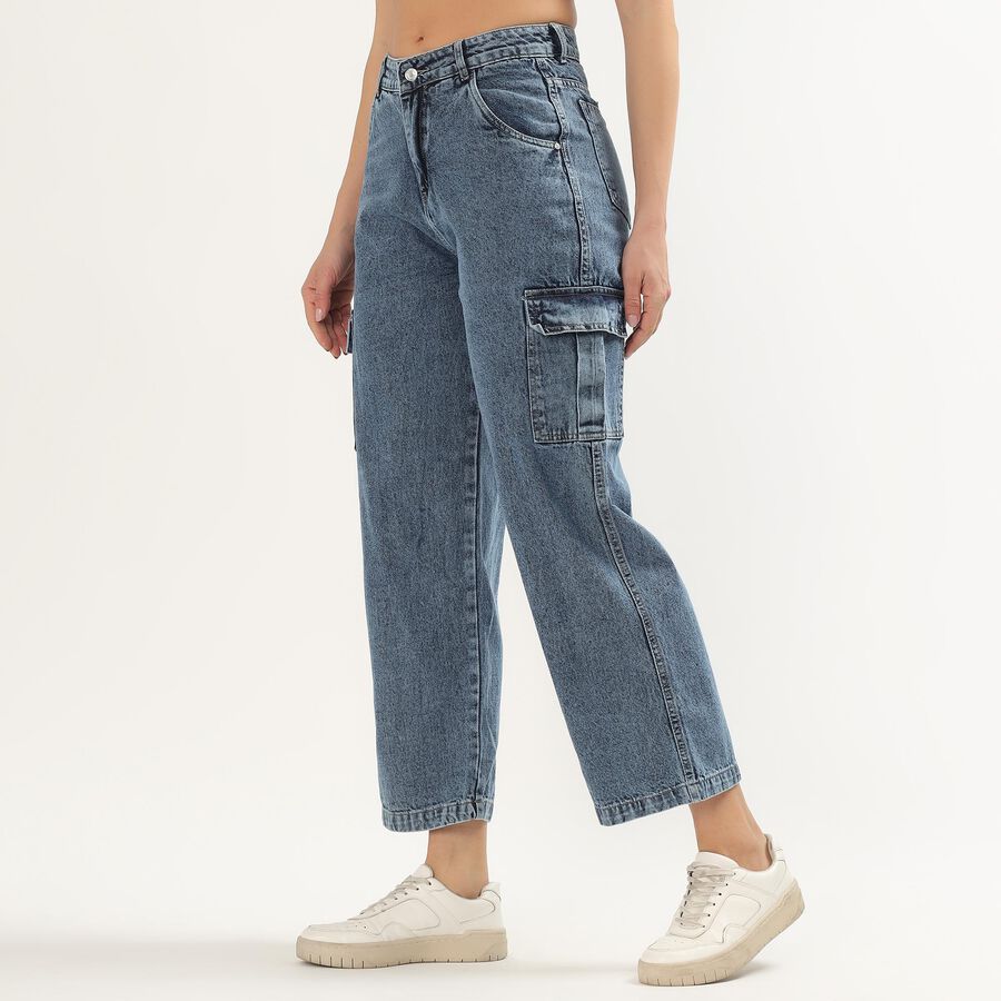 Women's Light Blue Wide-Leg Washed Jeans, मध्यम नीला, large