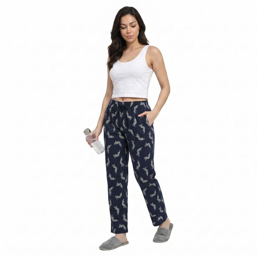 Women's Navy Blue Straight Fit Animal Printed Pyjama, Navy Blue, large