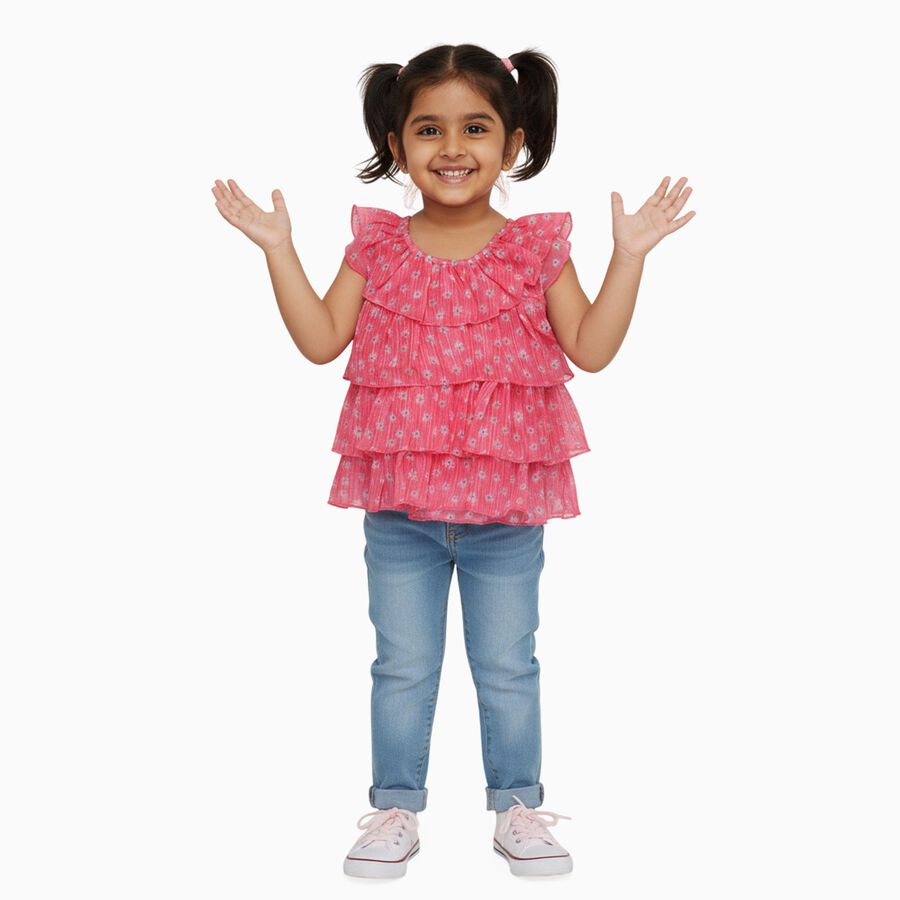 Girls Bright Pink Round Neck Casual Sleeveless T-Shirt, Pink, large