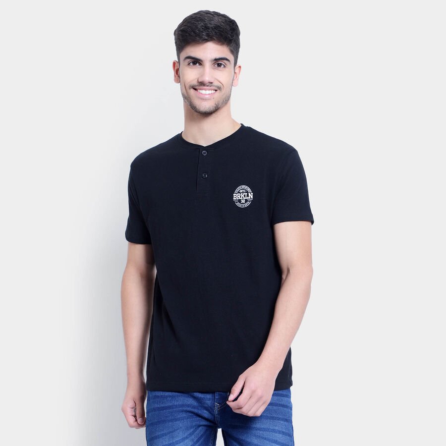 Cotton Solid Henley T-Shirt, Black, large image number null