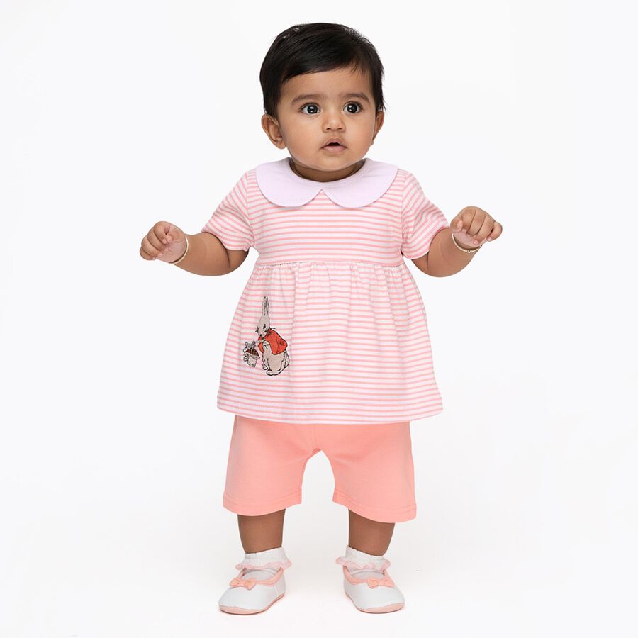 Infants' Light Pink Cotton Peter Pan Collar Casual Top and Capri Set, पीच, large image number null