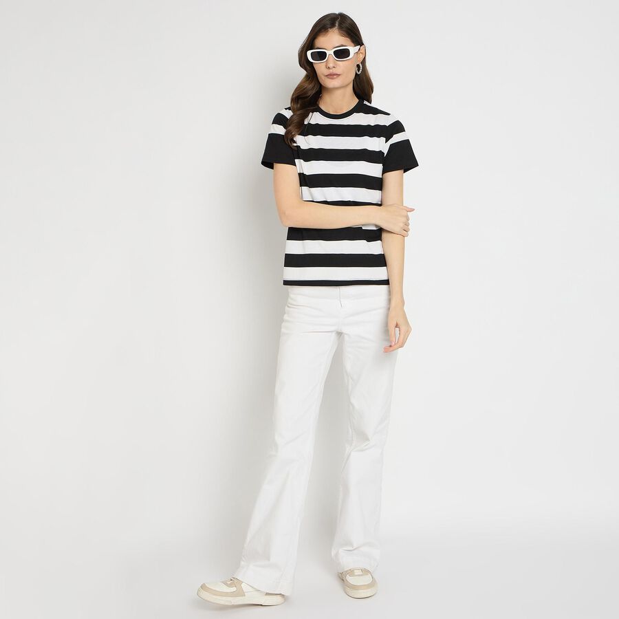 Ladies'  Stripes Round Neck T-Shirt, काला, large image number null