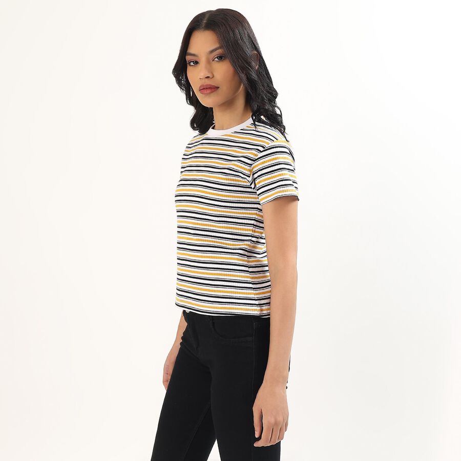 Women's Yellow and Black Round Neck Casual T-Shirt, मस्टर्ड, large