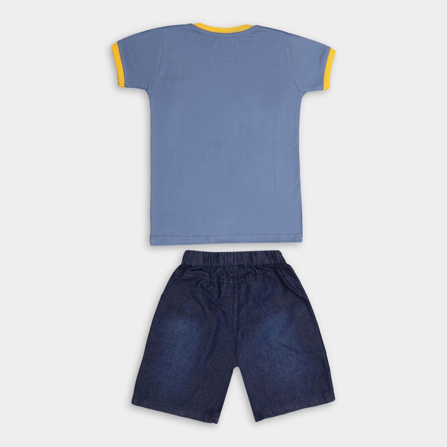 Boys' Blue Cotton Round Neck Printed Baba Suit, Mid Blue, large