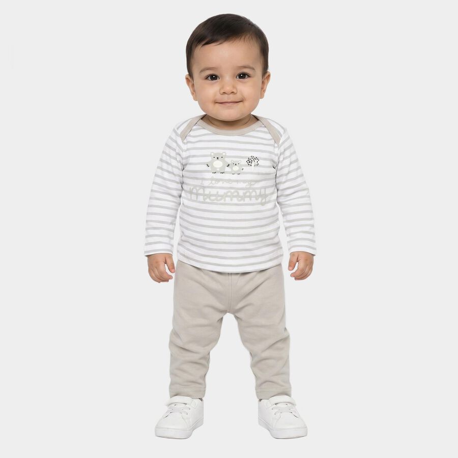 Infants' Grey 100% Cotton Round Neck Striped Baba Suit, हल्का ग्रे, large