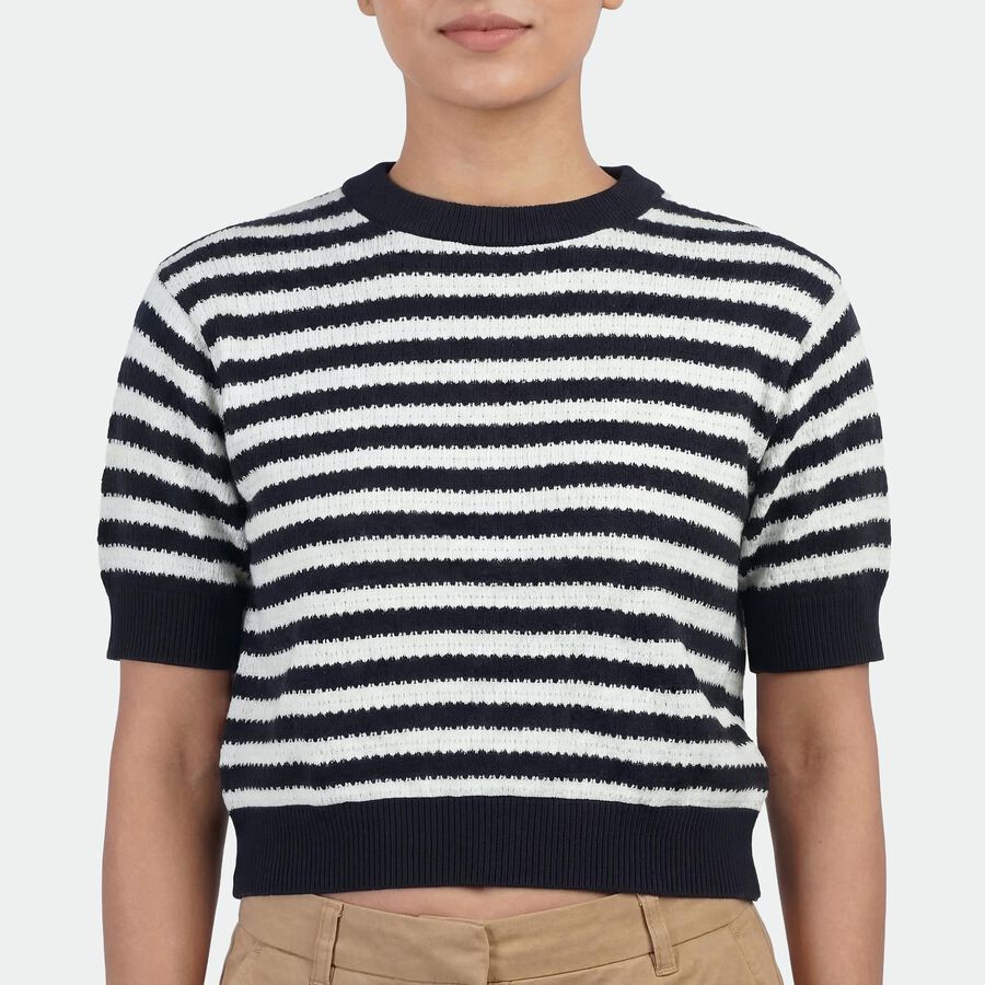 Women's Navy Blue Cotton Mock Neck Classic Top, नेवी ब्लू, large