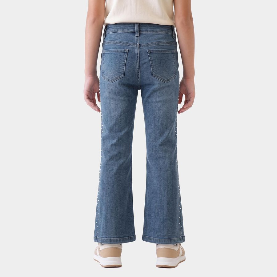 Girls Blue Bootcut Fit Studded Jeans, Melange Blue, large