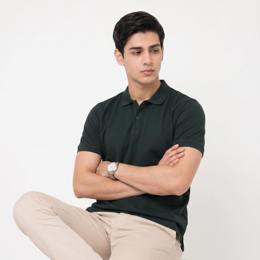 Men's Green Cotton Polo Neck Solid Polo T-Shirt, गहरा हरा, large