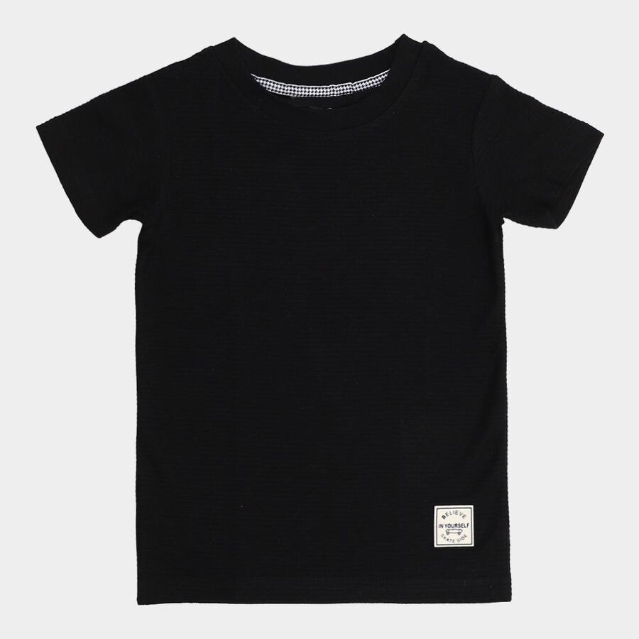 Boys Jet Black Crew Neck Casual T-Shirt, काला, large image number null
