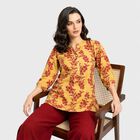 Women's Yellow Mandarin Collar Floral Printed Kurti, मस्टर्ड, small