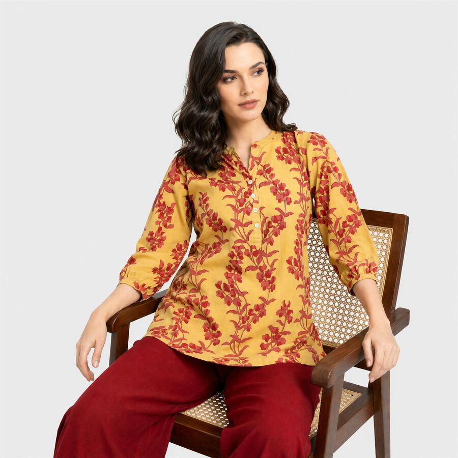 Women's Yellow Mandarin Collar Floral Printed Kurti, मस्टर्ड, large