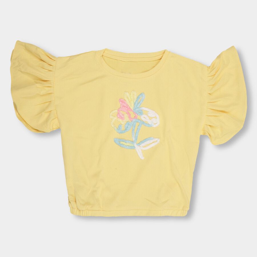 Girls' Bright Yellow Crew Neck Ruffled T-Shirt, Yellow, large image number null
