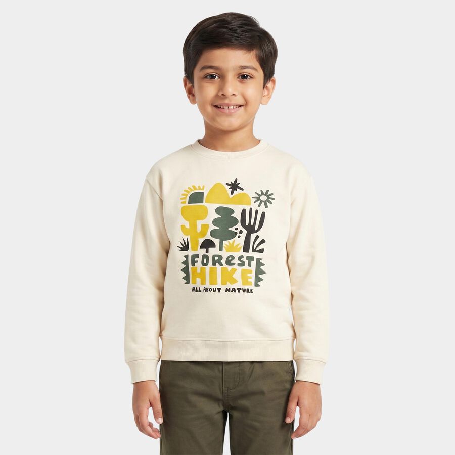 Boys' Beige Crew Neck Graphic Print Sweatshirt, गहरा पीला, large