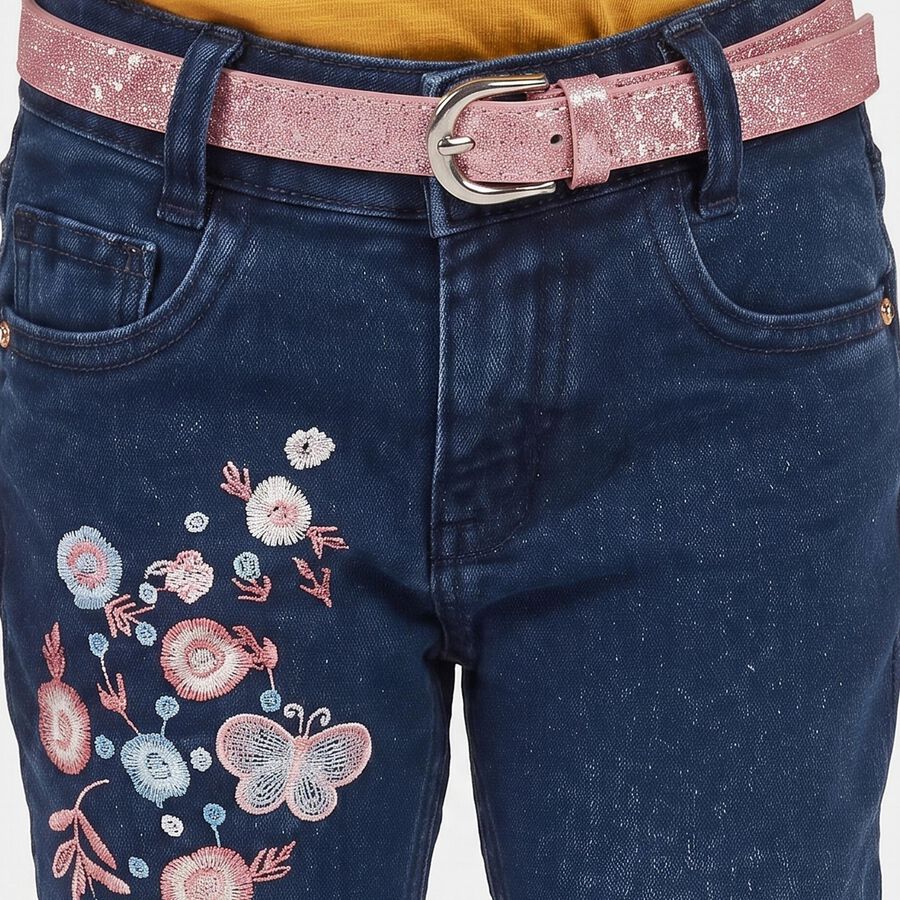 Girls' Navy Blue Slim Fit Embroidered Jeans, गहरा नीला, large