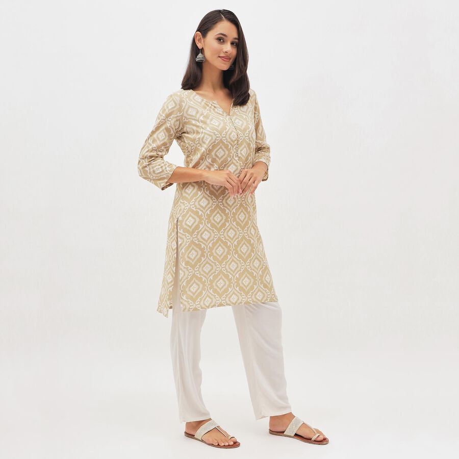 Women's Beige V-Neck Printed Kurta, गहरा पीला, large image number null