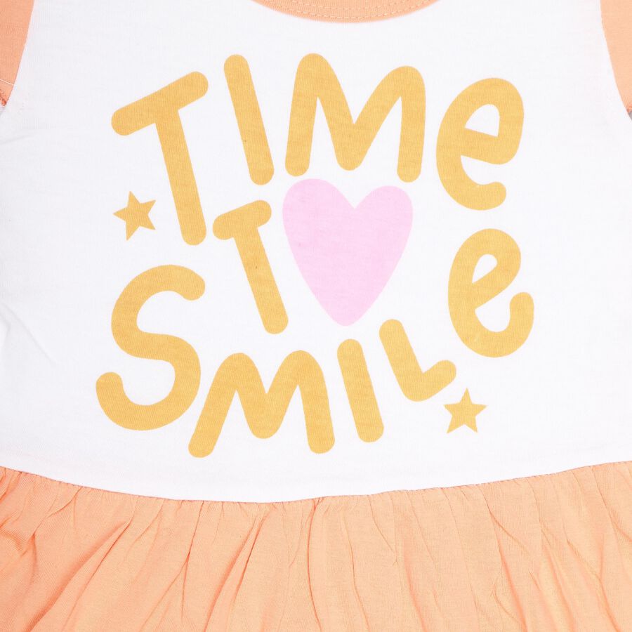 Girls' Peach And White A-Line Cap Sleeve Frock, Peach, large