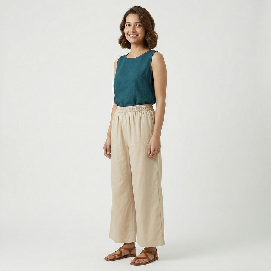 Women's Beige Wide-Leg Elastic Waist Palazzos, Beige, large