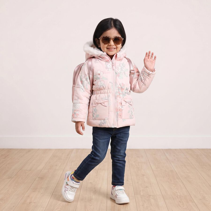 Girls Pink Hooded Floral Puffer Jacket, Light Pink, large