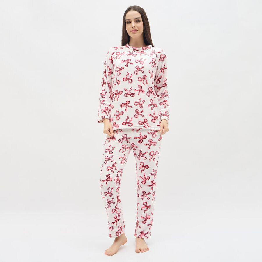 Women's White and Red Bow Printed Fleece Pyjama Set, लाल, large image number null