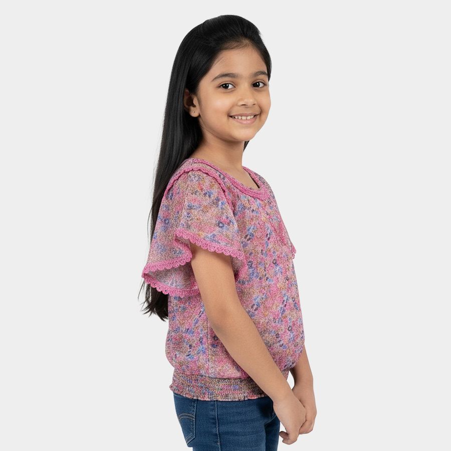 Girls Pink Round Neck Casual T-Shirt, Light Pink, large