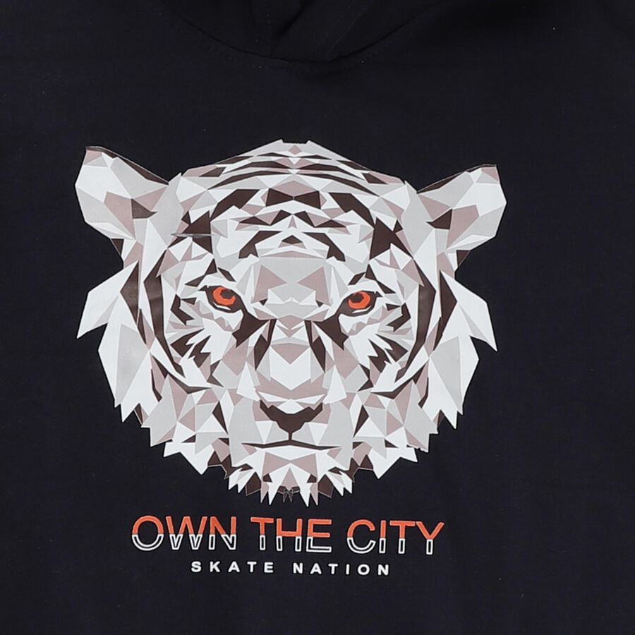 Boys Navy Blue Hooded Neck Graphic Sweatshirt, Navy Blue, large image number null