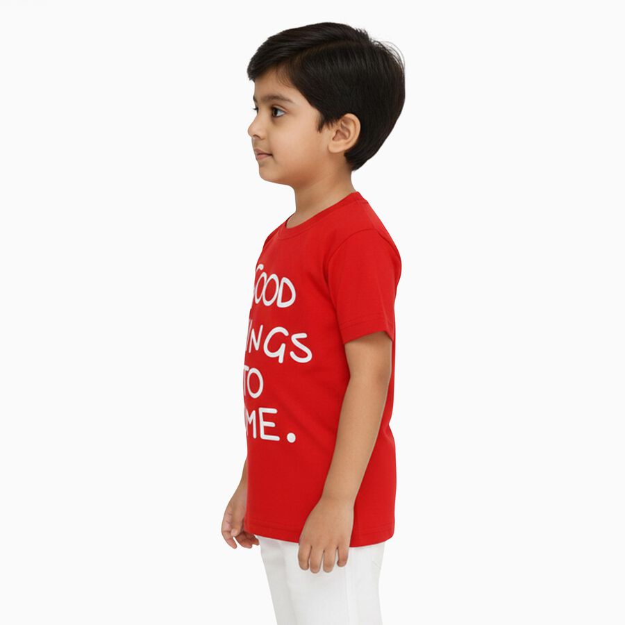 Boys Bright Cherry Red Crew Neck Casual T-Shirt, लाल, large image number null