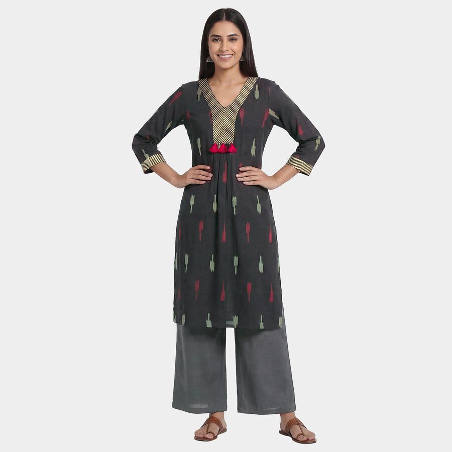 Women's Black Cotton Round Neck Embroidered Kurta, Black, large