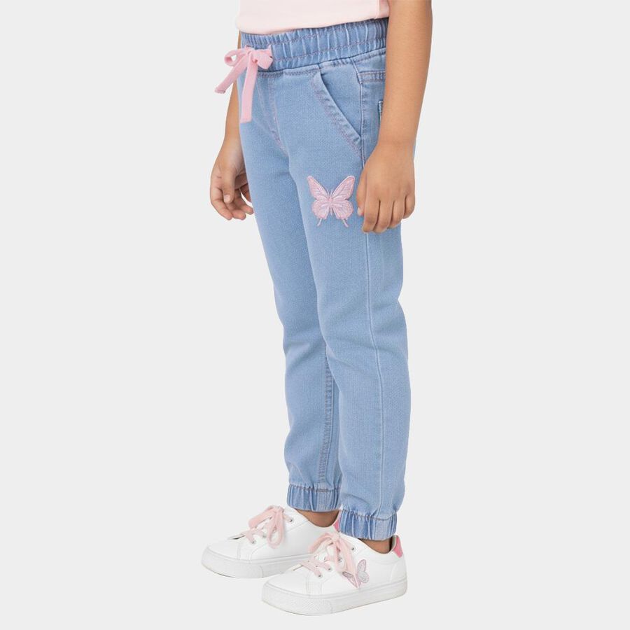 Girls' Light Blue Elastic Waist Embroidered Jeans, मध्यम नीला, large image number null