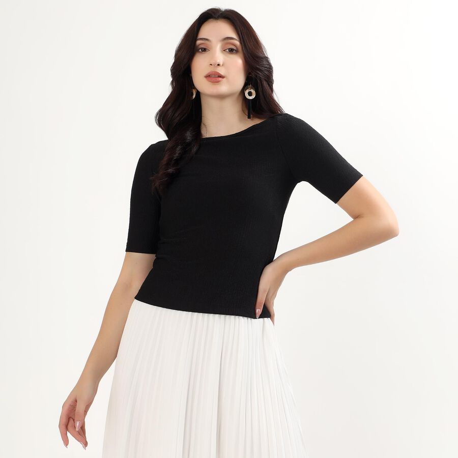 Women's Jet Black Round Neck Minimalist Top, Black, large