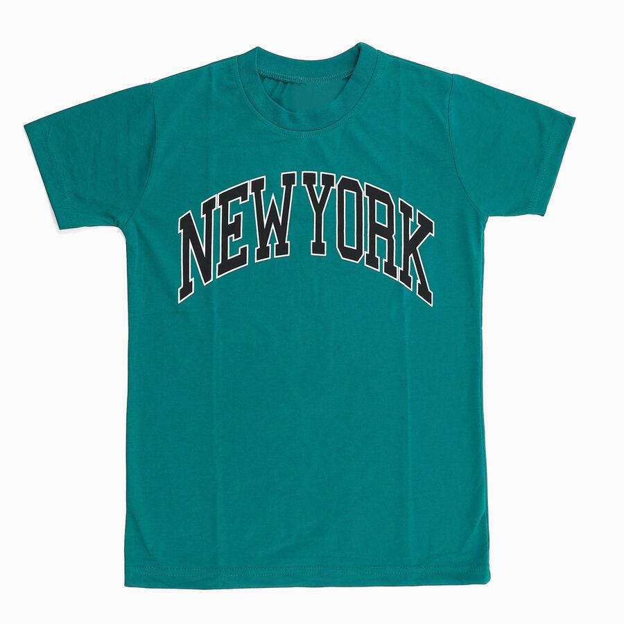 Boys Vibrant Teal Green Crew Neck Casual T-Shirt, गहरा हरा, large image number null