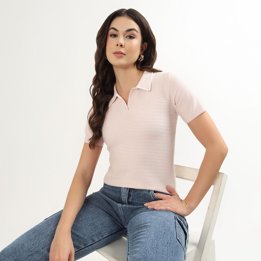 Women's Light Pink Polo Neck Preppy Polo T-Shirt, हल्का गुलाबी, large