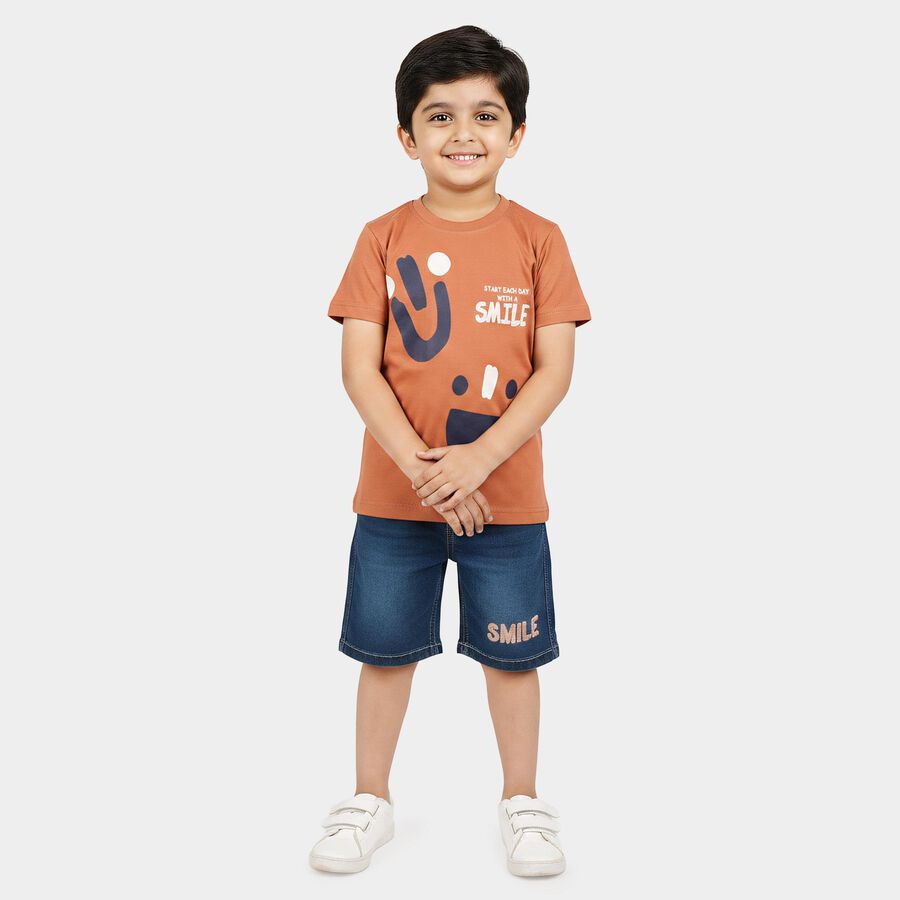 Boys' Brown 100% Cotton Crew Neck Graphic Print Baba Suit, भूरा, large