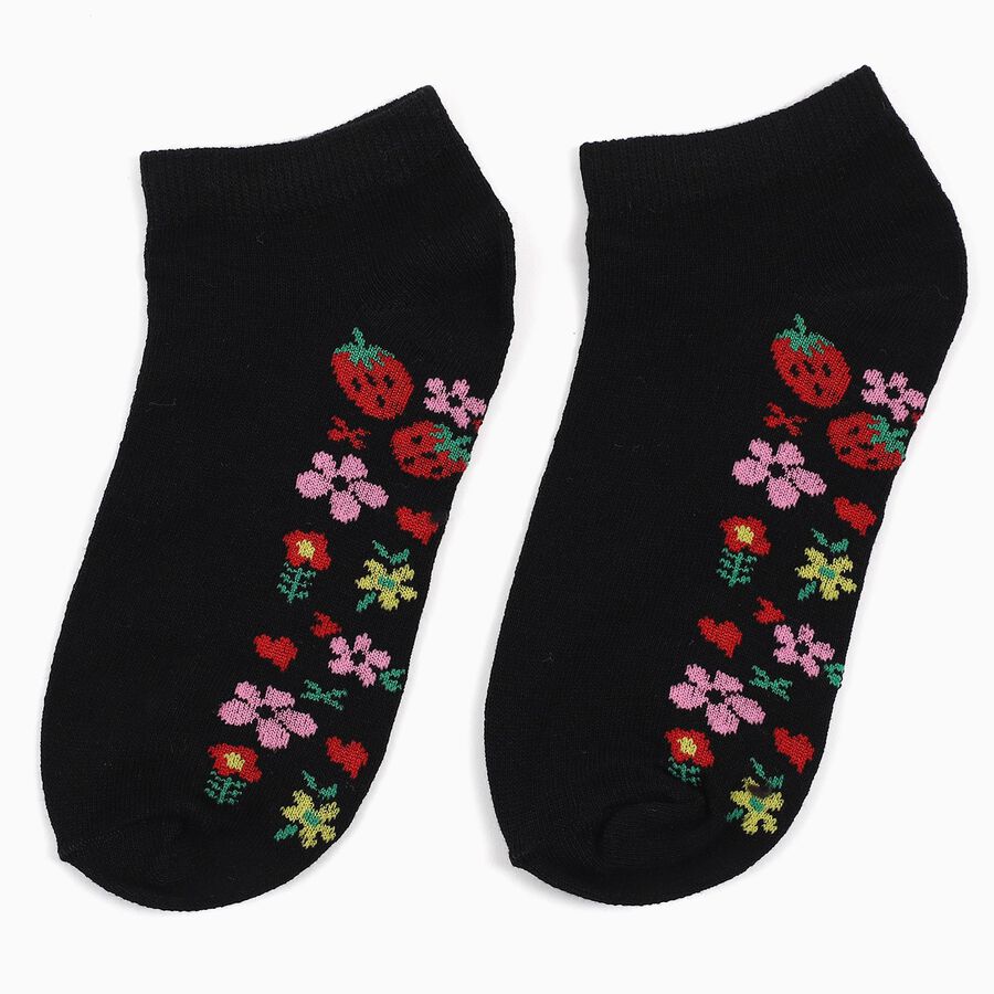 Girls' Jet Black Regular Fit Floral Design Ankle-Length Socks, काला, large image number null