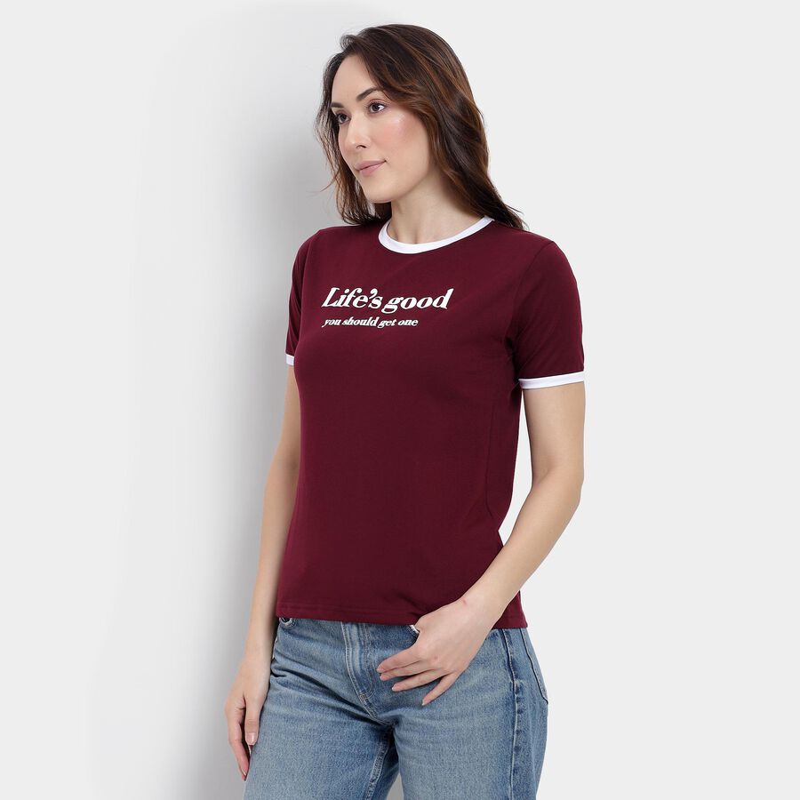 Ladies' Round Neck T-Shirt, वाइन, large image number null