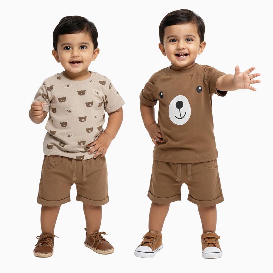 Infants' Beige and Brown Cotton Round Neck Printed Baba Suit, गहरा पीला, large image number null