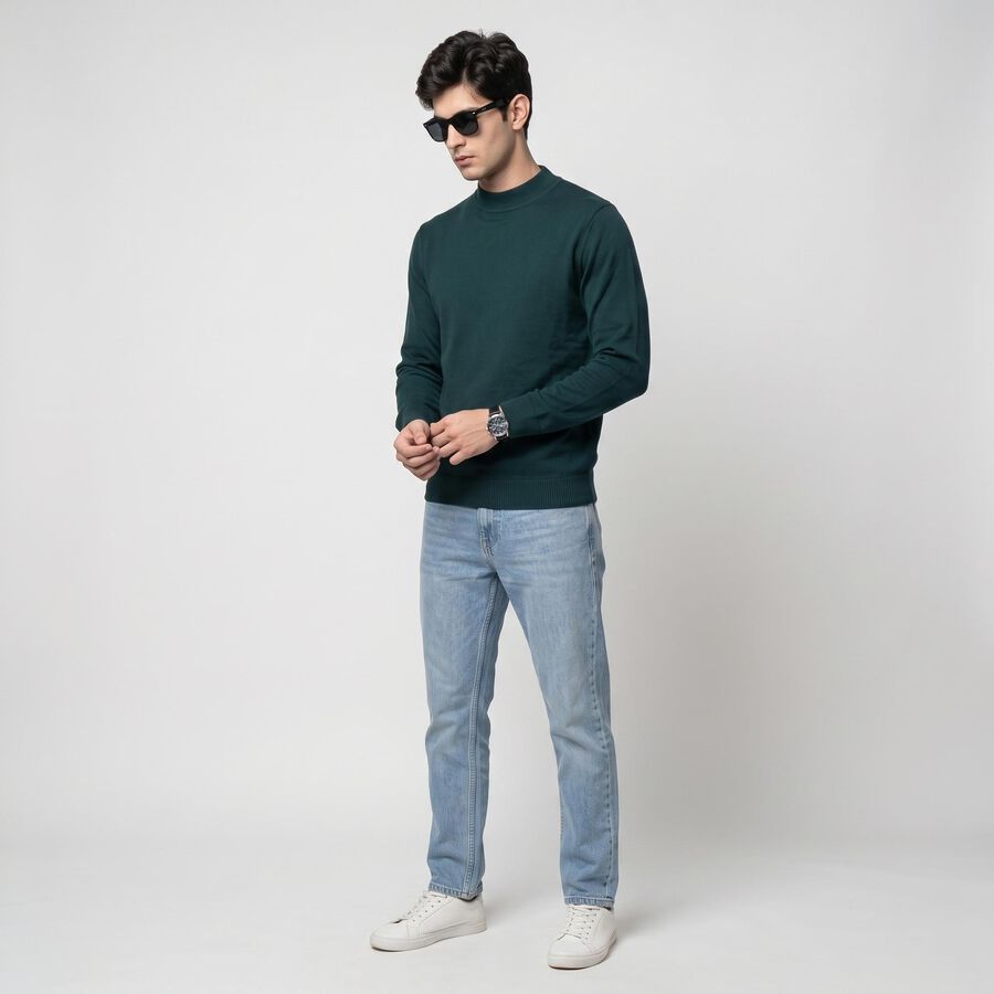 Men's Green Crew Neck Solid Pullover, Dark Green, large