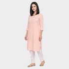 Women's Pink Round Neck Embroidered Kurta, Pink, small