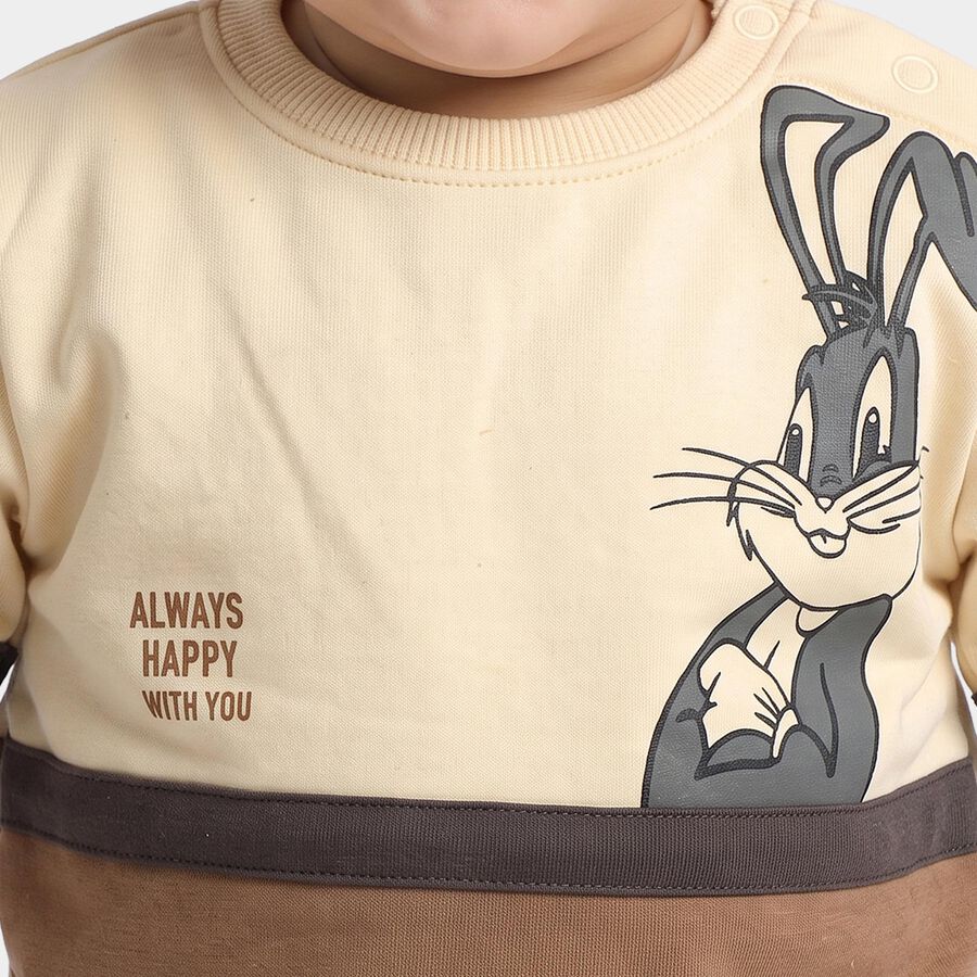 Infants' Beige Cotton Round Neck Pullover Sweatshirt, Beige, large