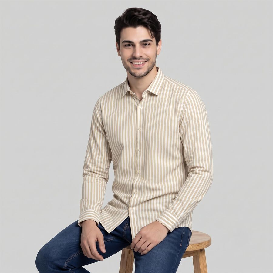 Men's Beige Cotton Striped Shirt, Beige, large